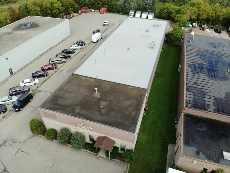 Aerial photo of a commercial flat roof in on Regal Road in Guelph Ontario