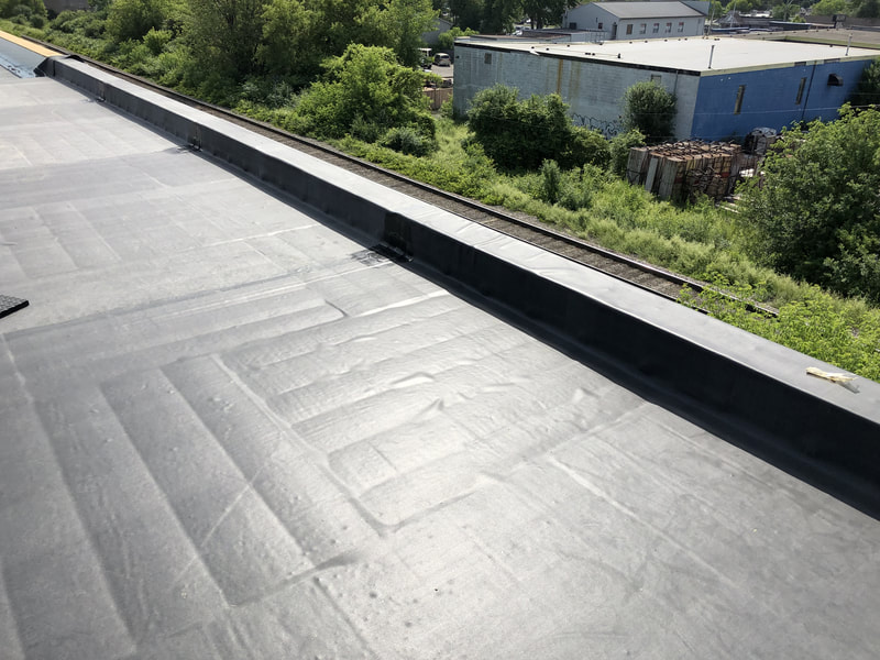 Aerial photo of Waterloo Brewing's flat roofing in Kitchener, Ontario