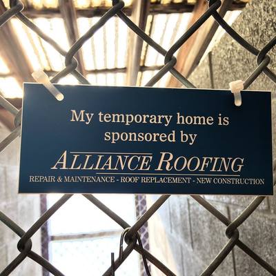 Photo of kennel sign sponsored by Alliance Roofing